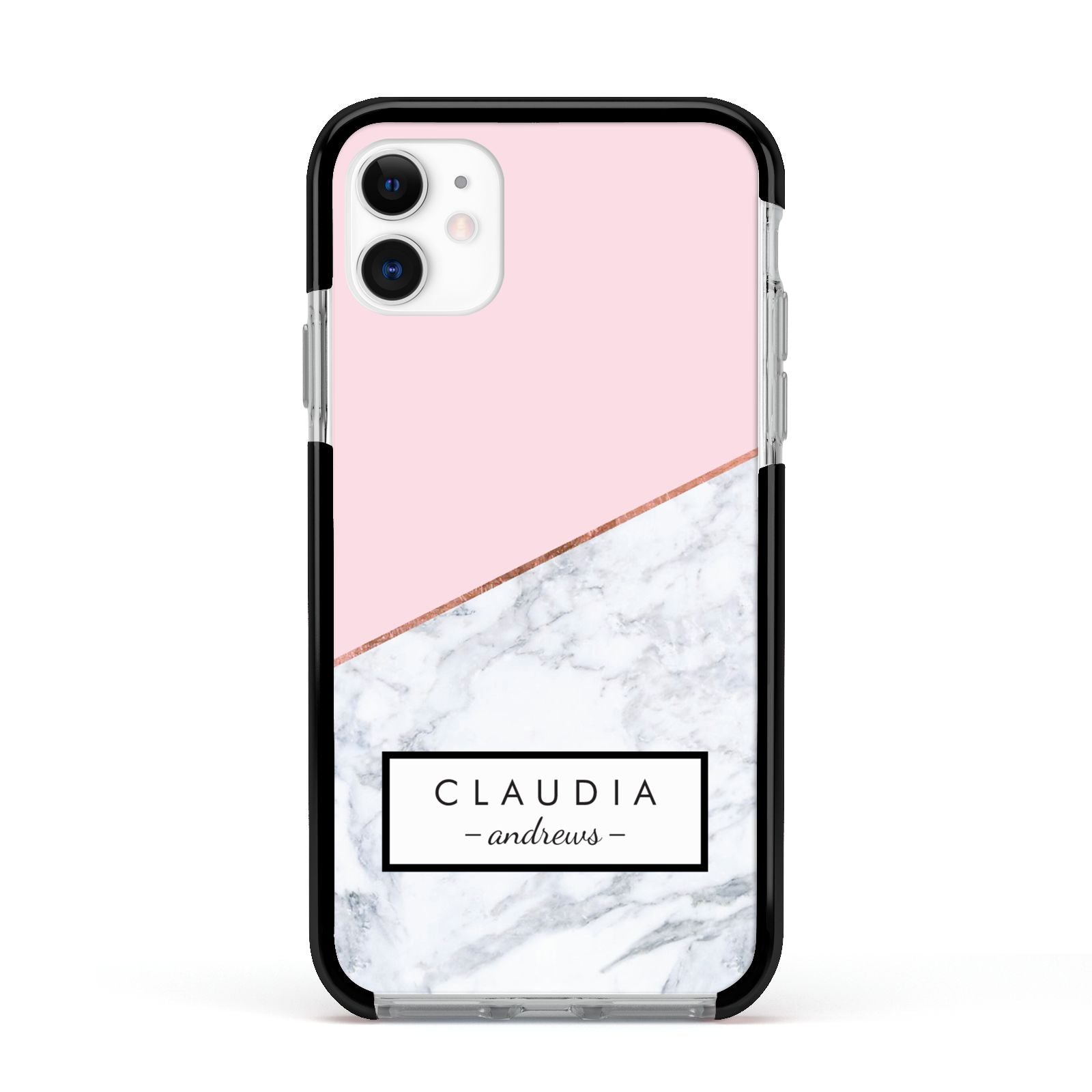 Personalised Pink With Marble Initials Name Apple iPhone 11 in White with Black Impact Case