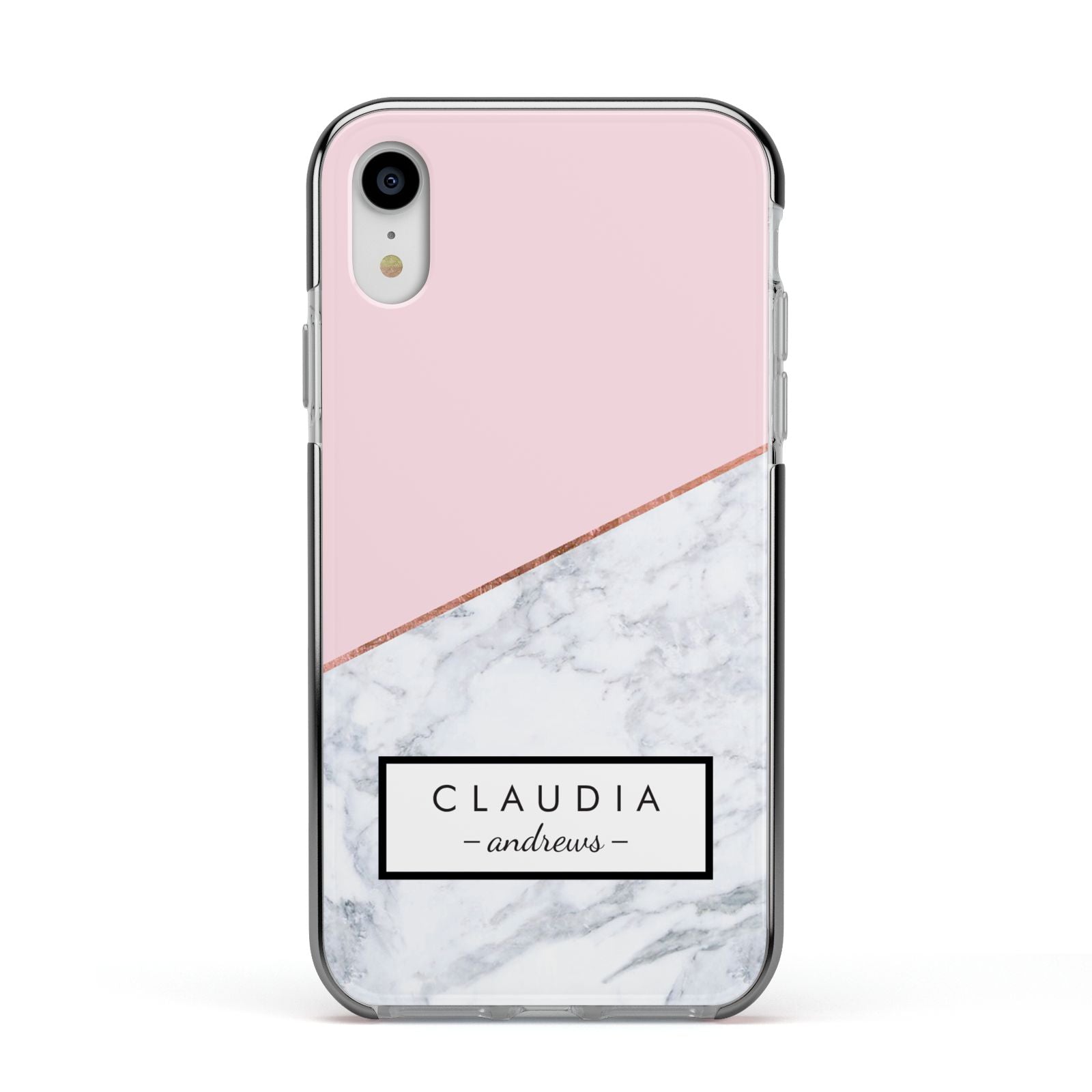 Personalised Pink With Marble Initials Name Apple iPhone XR Impact Case Black Edge on Silver Phone