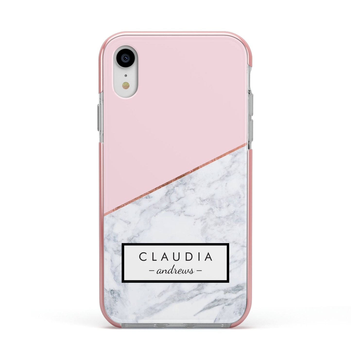 Personalised Pink With Marble Initials Name Apple iPhone XR Impact Case Pink Edge on Silver Phone