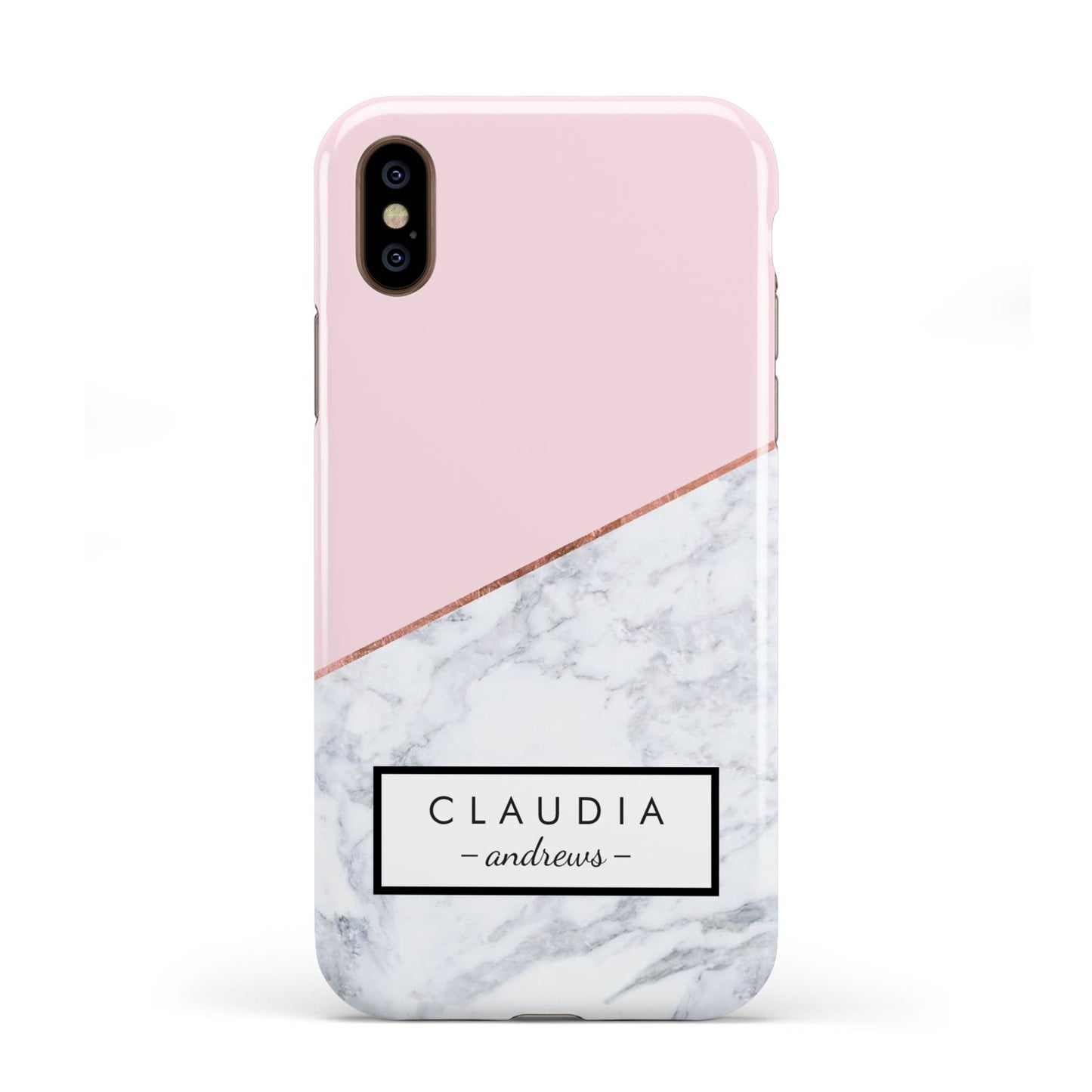 Personalised Pink With Marble Initials Name Apple iPhone XS 3D Tough