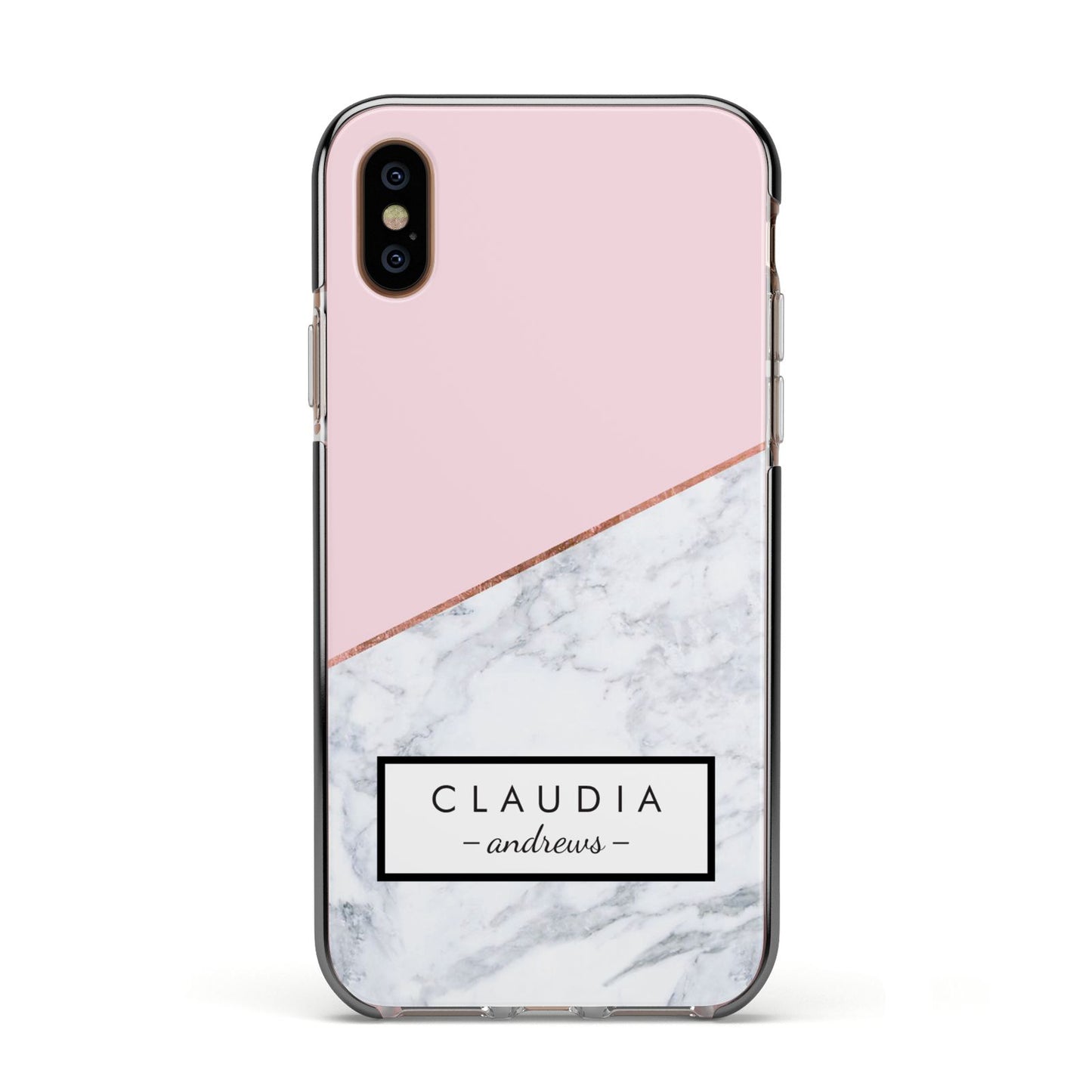 Personalised Pink With Marble Initials Name Apple iPhone Xs Impact Case Black Edge on Gold Phone