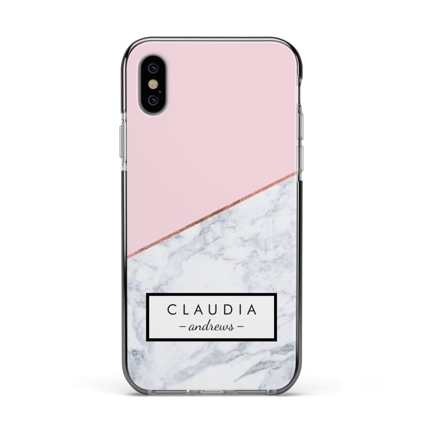 Personalised Pink With Marble Initials Name Apple iPhone Xs Impact Case Black Edge on Silver Phone