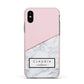 Personalised Pink With Marble Initials Name Apple iPhone Xs Impact Case Pink Edge on Black Phone