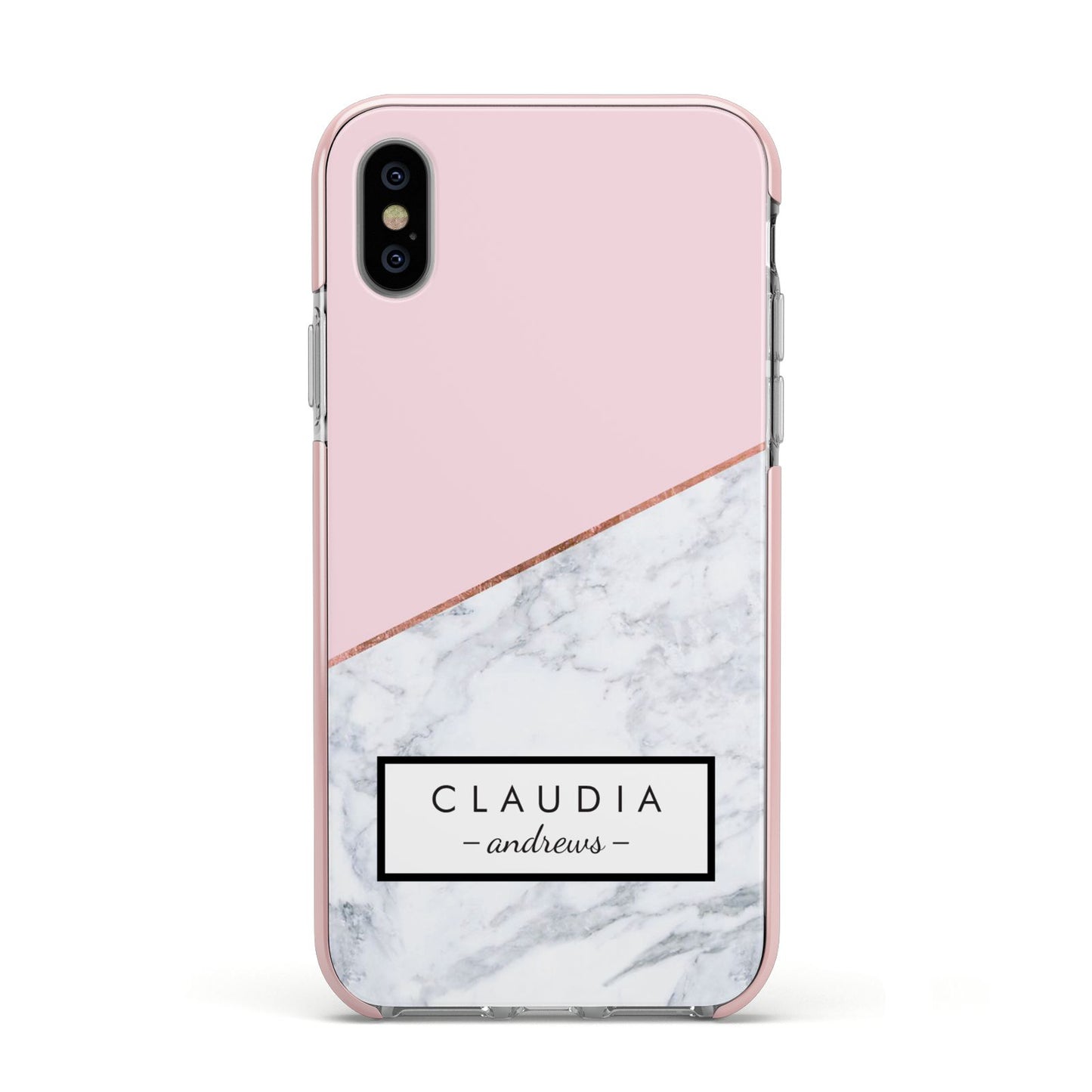 Personalised Pink With Marble Initials Name Apple iPhone Xs Impact Case Pink Edge on Silver Phone
