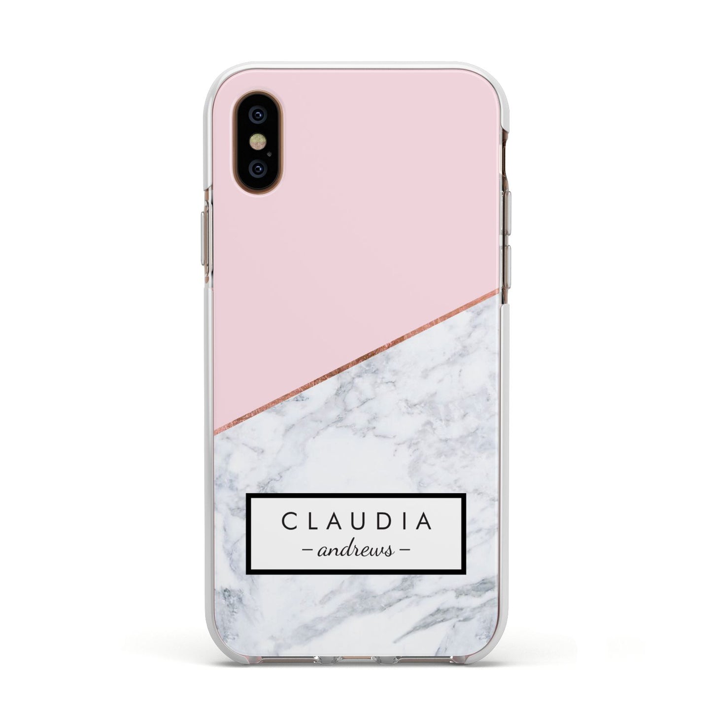 Personalised Pink With Marble Initials Name Apple iPhone Xs Impact Case White Edge on Gold Phone