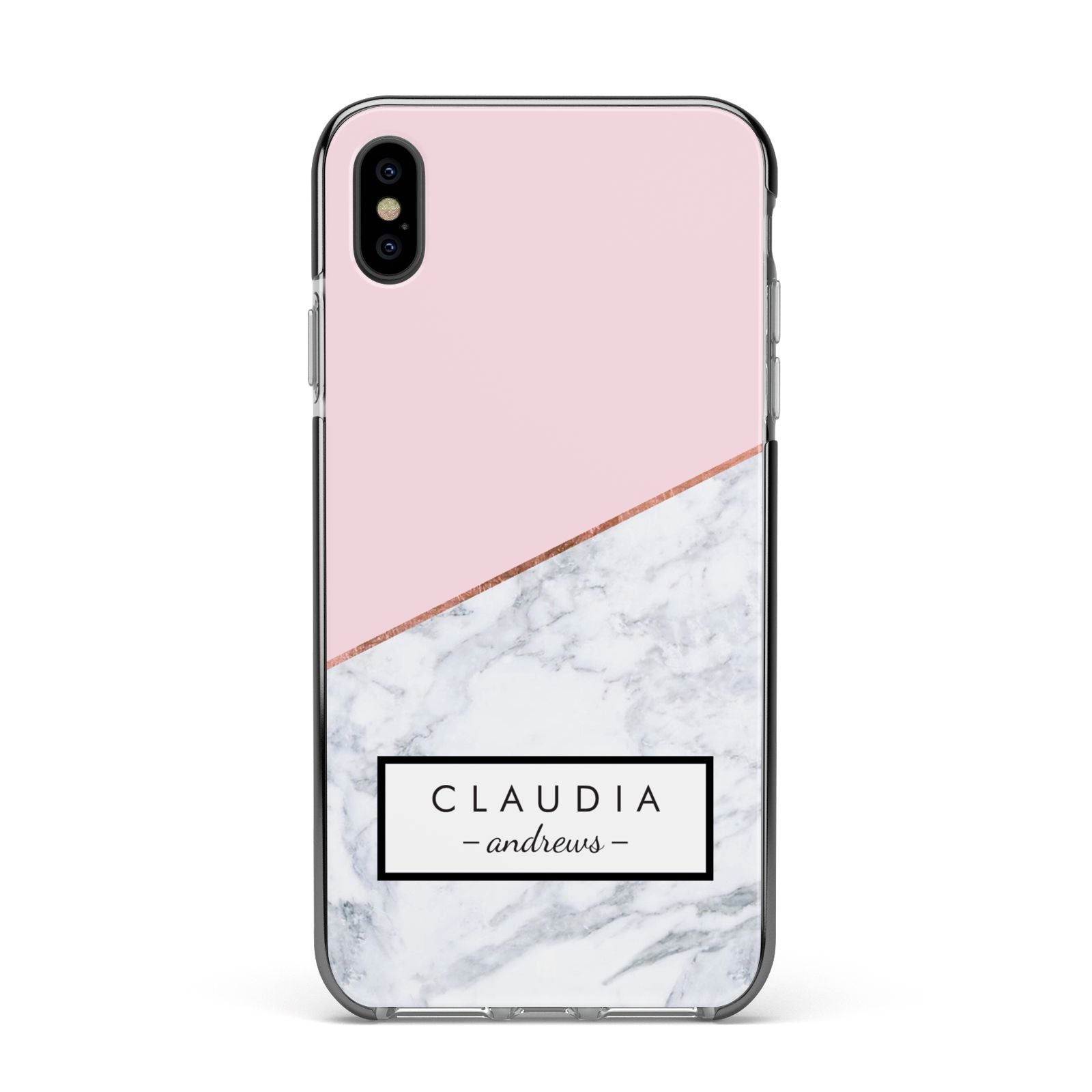 Personalised Pink With Marble Initials Name Apple iPhone Xs Max Impact Case Black Edge on Black Phone