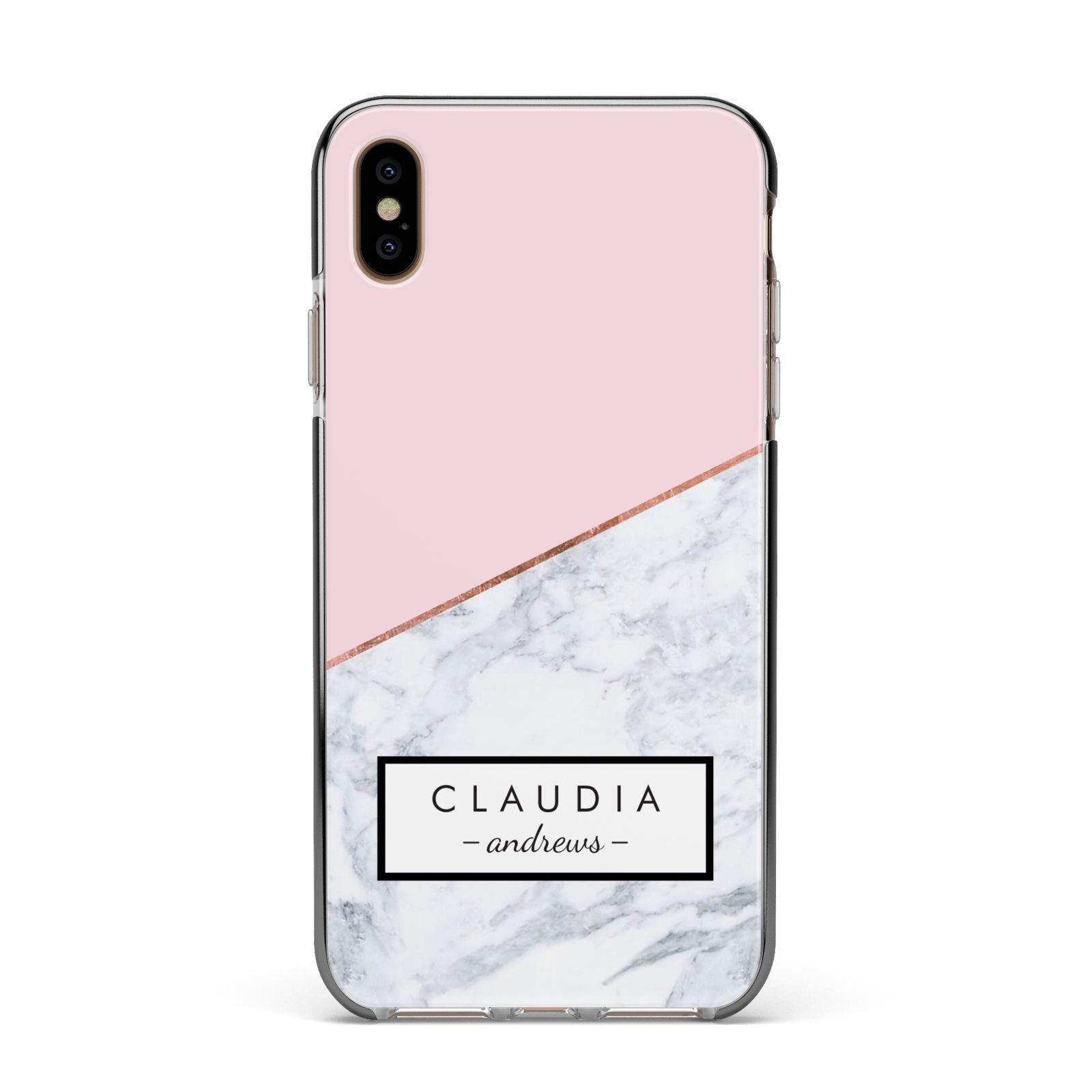 Personalised Pink With Marble Initials Name Apple iPhone Xs Max Impact Case Black Edge on Gold Phone