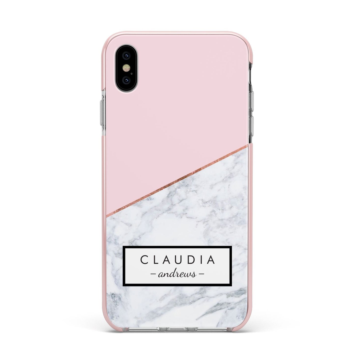 Personalised Pink With Marble Initials Name Apple iPhone Xs Max Impact Case Pink Edge on Silver Phone