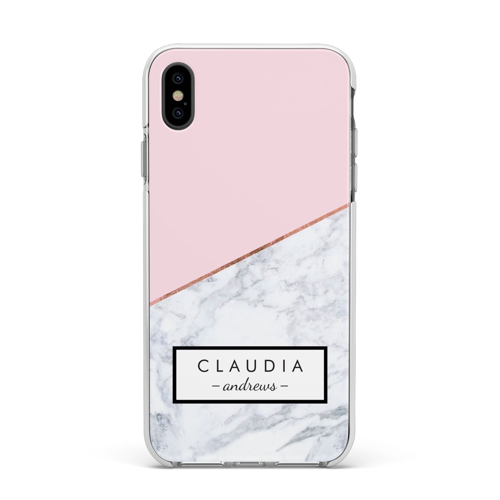 Personalised Pink With Marble Initials Name Apple iPhone Xs Max Impact Case White Edge on Black Phone