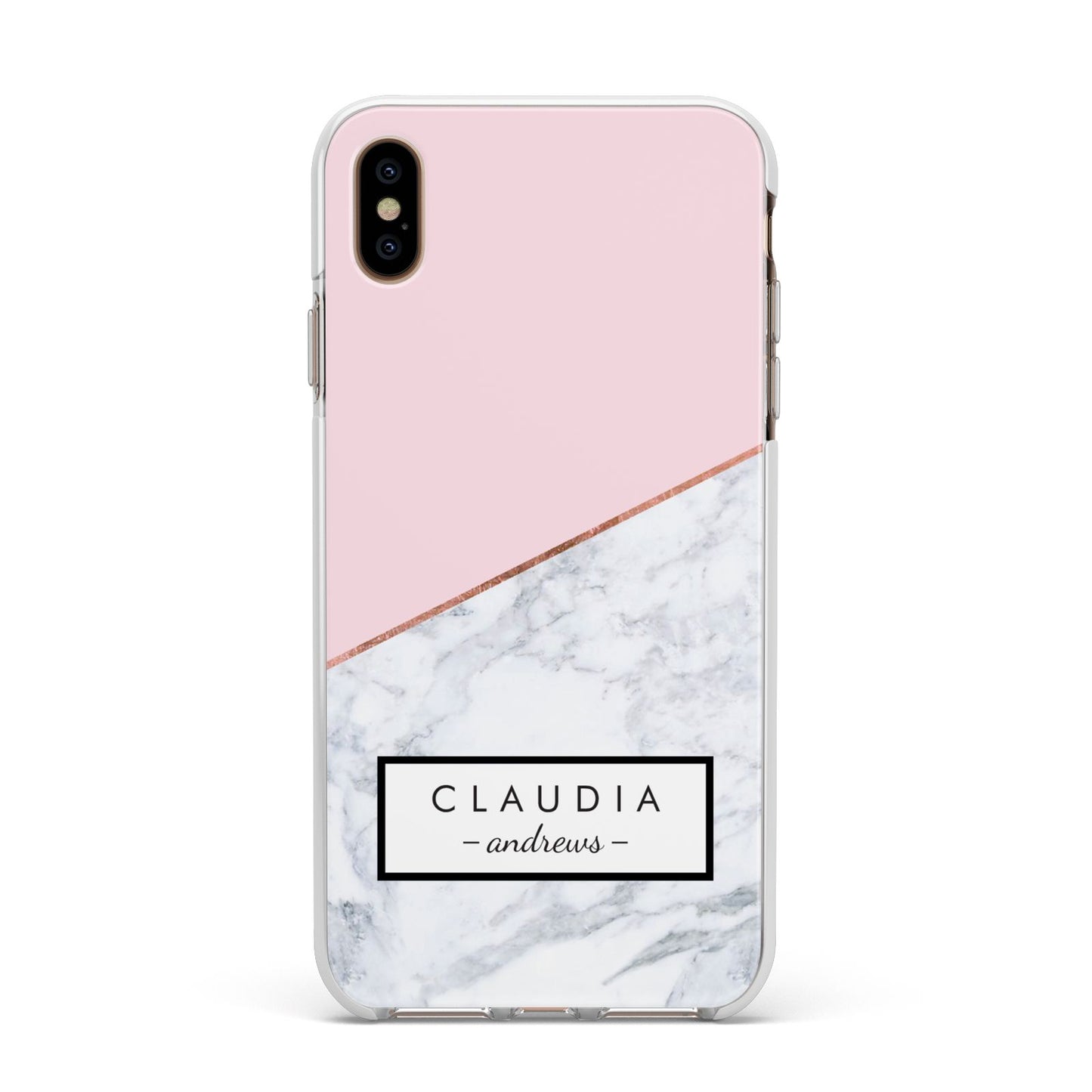 Personalised Pink With Marble Initials Name Apple iPhone Xs Max Impact Case White Edge on Gold Phone