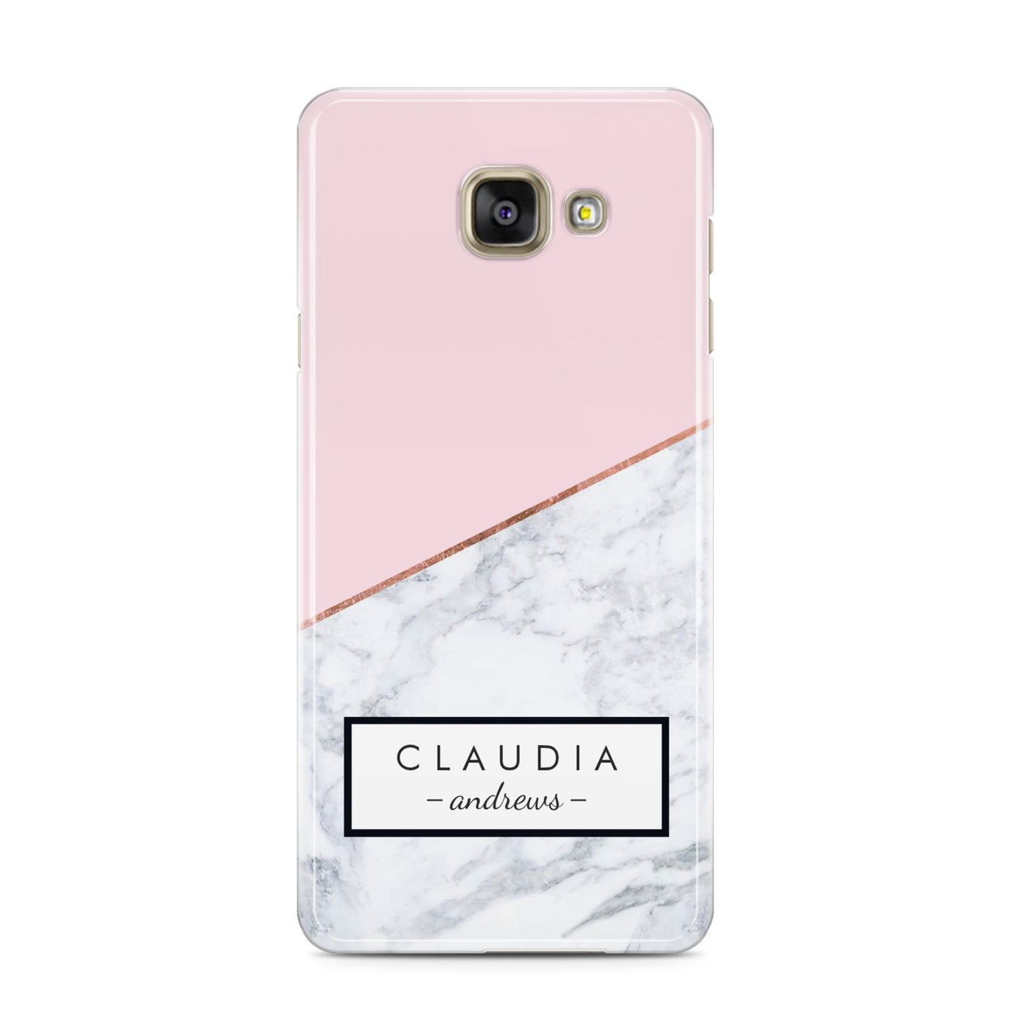 Personalised Pink With Marble Initials Name Samsung Galaxy A3 2016 Case on gold phone
