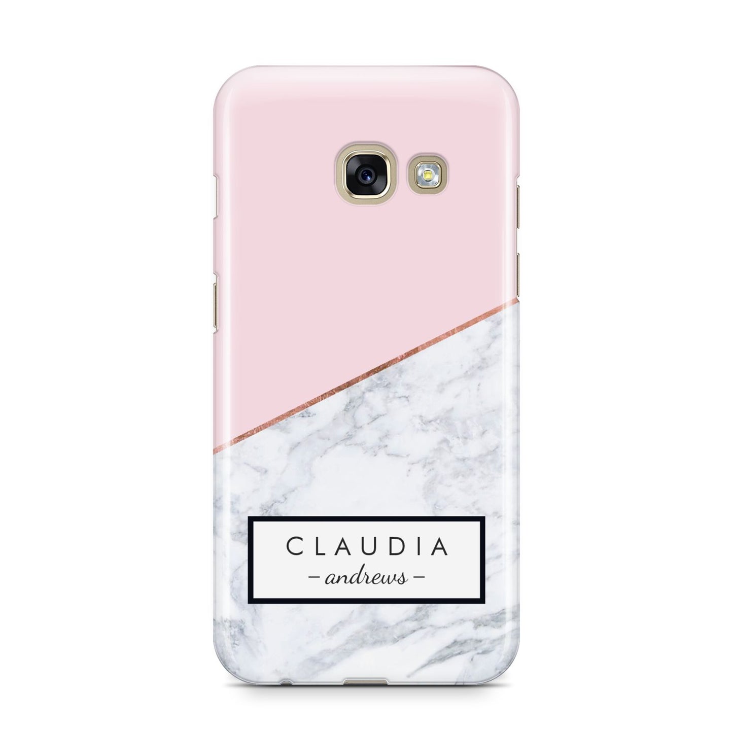 Personalised Pink With Marble Initials Name Samsung Galaxy A3 2017 Case on gold phone