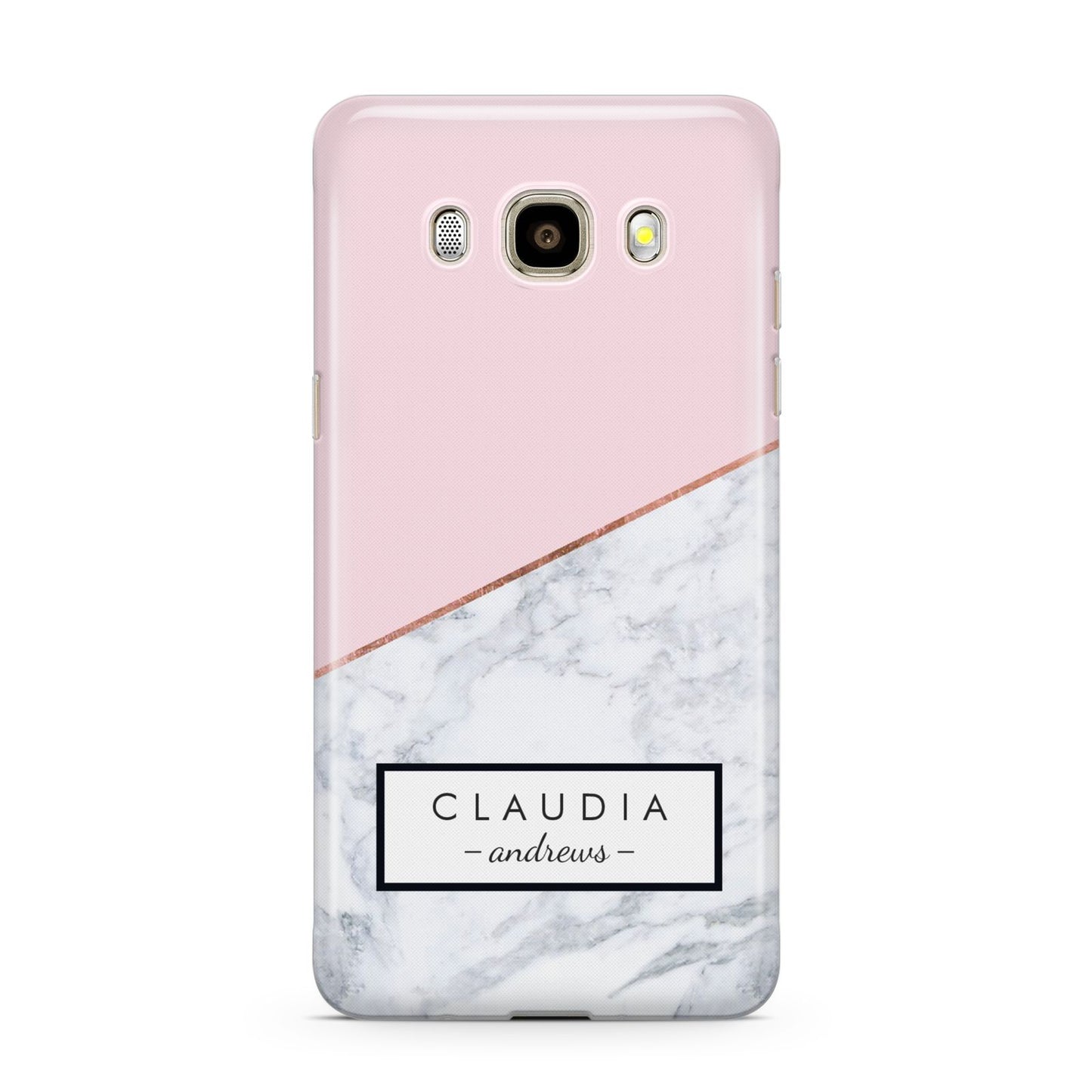 Personalised Pink With Marble Initials Name Samsung Galaxy J7 2016 Case on gold phone