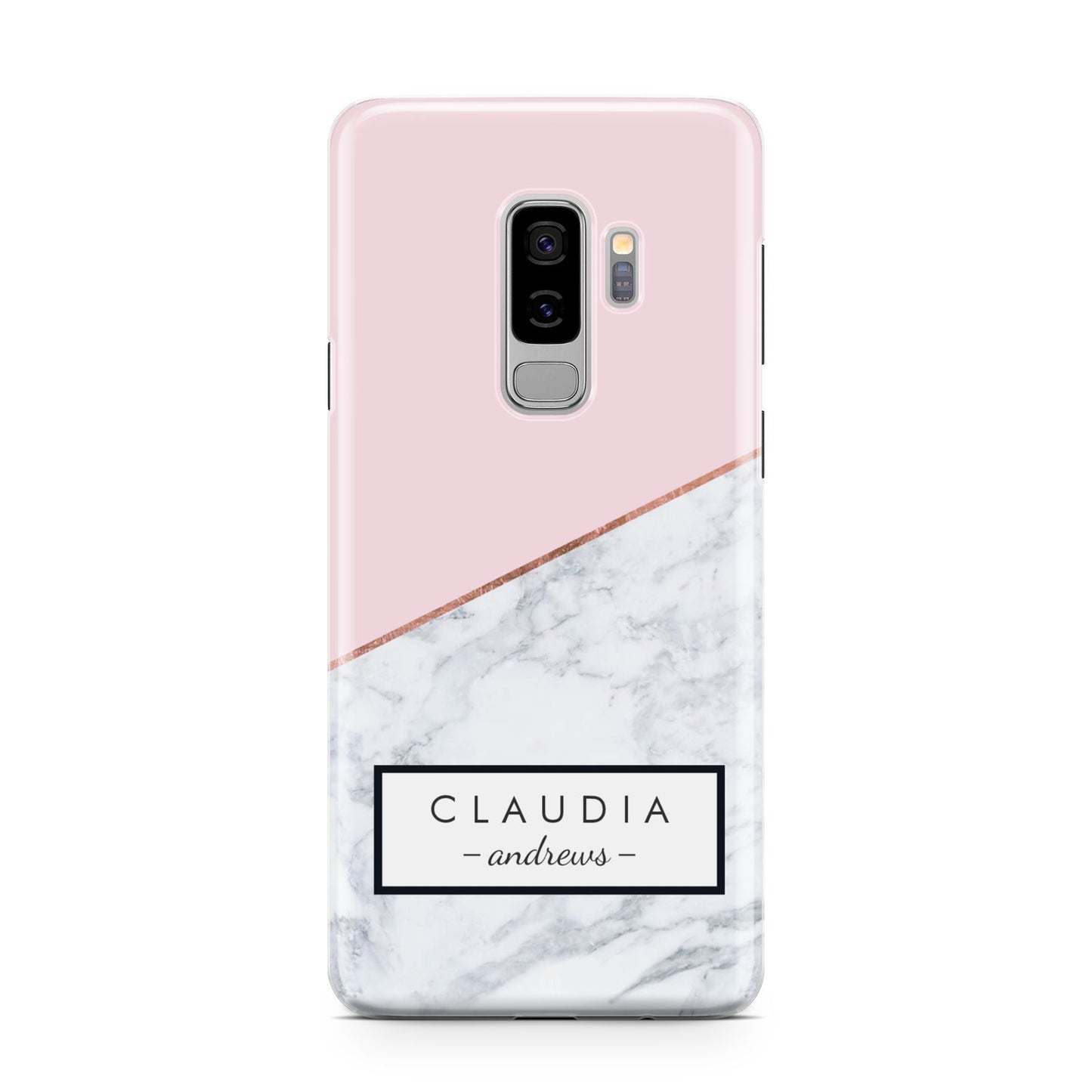 Personalised Pink With Marble Initials Name Samsung Galaxy S9 Plus Case on Silver phone