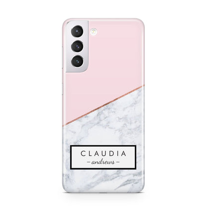 Personalised Pink With Marble Initials Name Samsung S21 Case