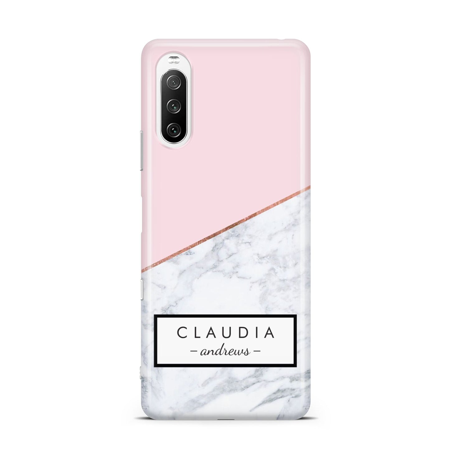 Personalised Pink With Marble Initials Name Sony Xperia 10 III Case