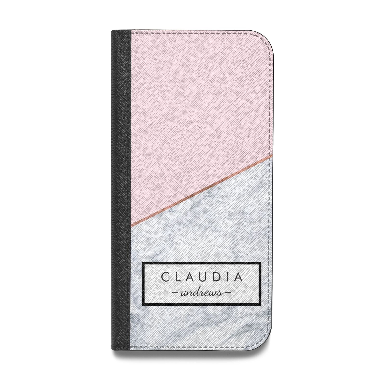 Personalised Pink With Marble Initials Name Vegan Leather Flip Samsung Case