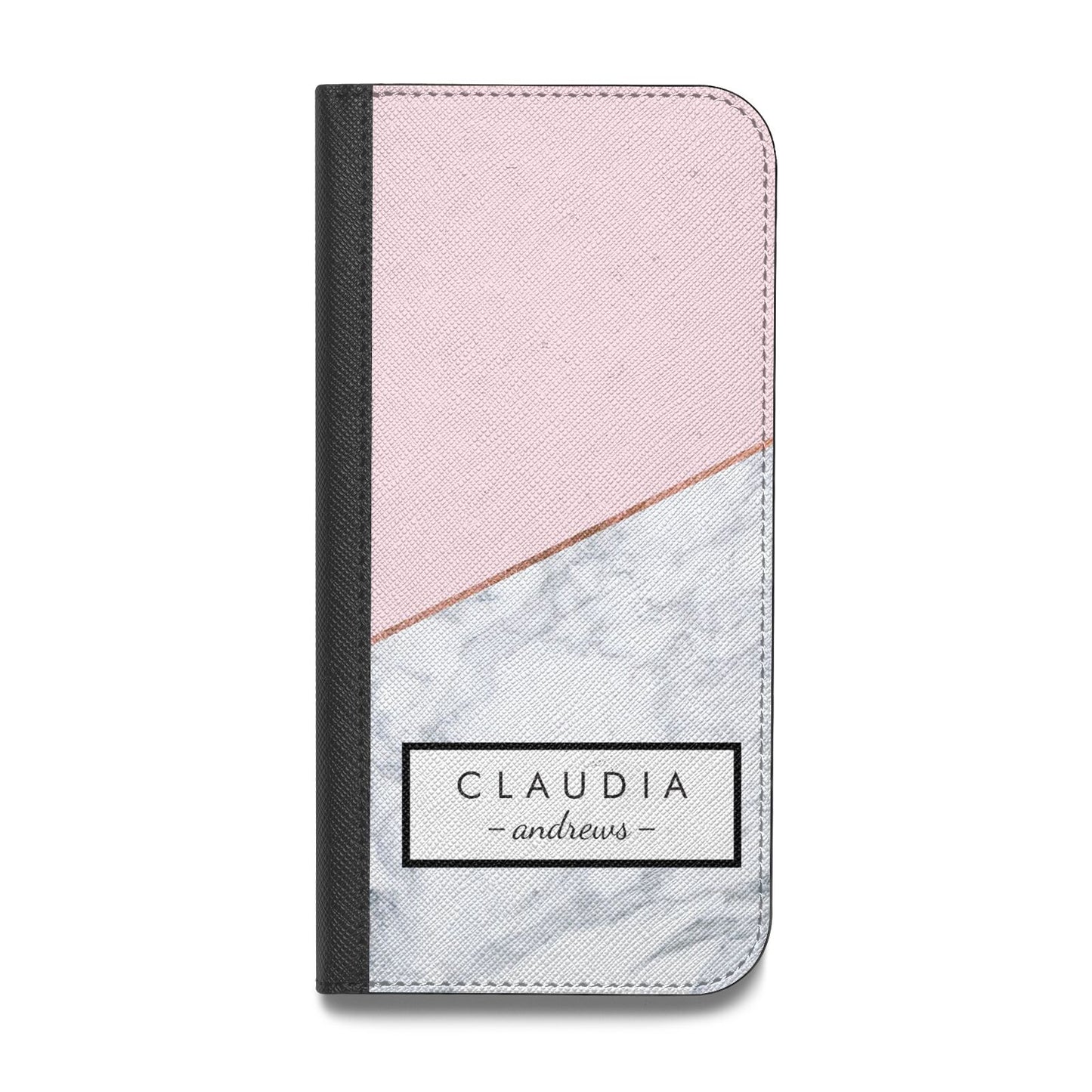Personalised Pink With Marble Initials Name Vegan Leather Flip iPhone Case