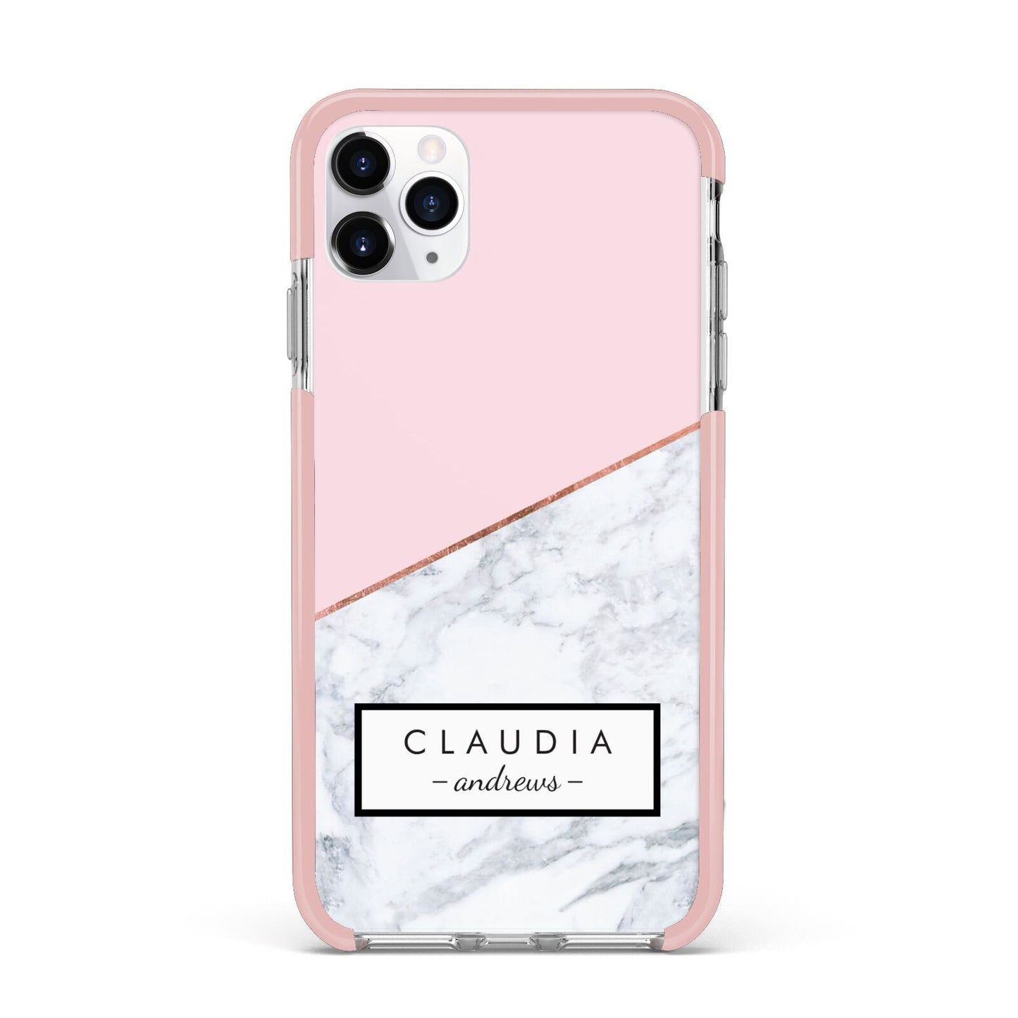 Personalised Pink With Marble Initials Name iPhone 11 Pro Max Impact Pink Edge Case