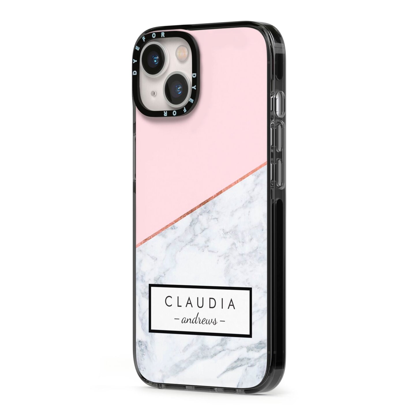 Personalised Pink With Marble Initials Name iPhone 13 Black Impact Case Side Angle on Silver phone