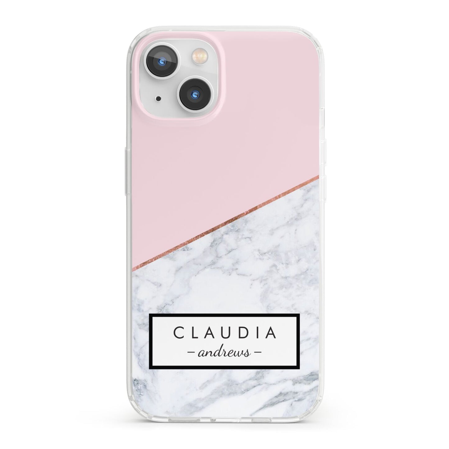 Personalised Pink With Marble Initials Name iPhone 13 Clear Bumper Case