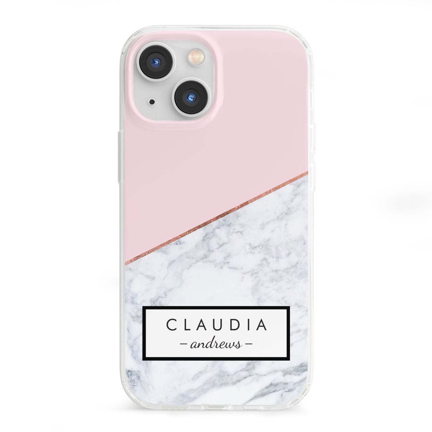 Personalised Pink With Marble Initials Name iPhone 13 Mini Clear Bumper Case