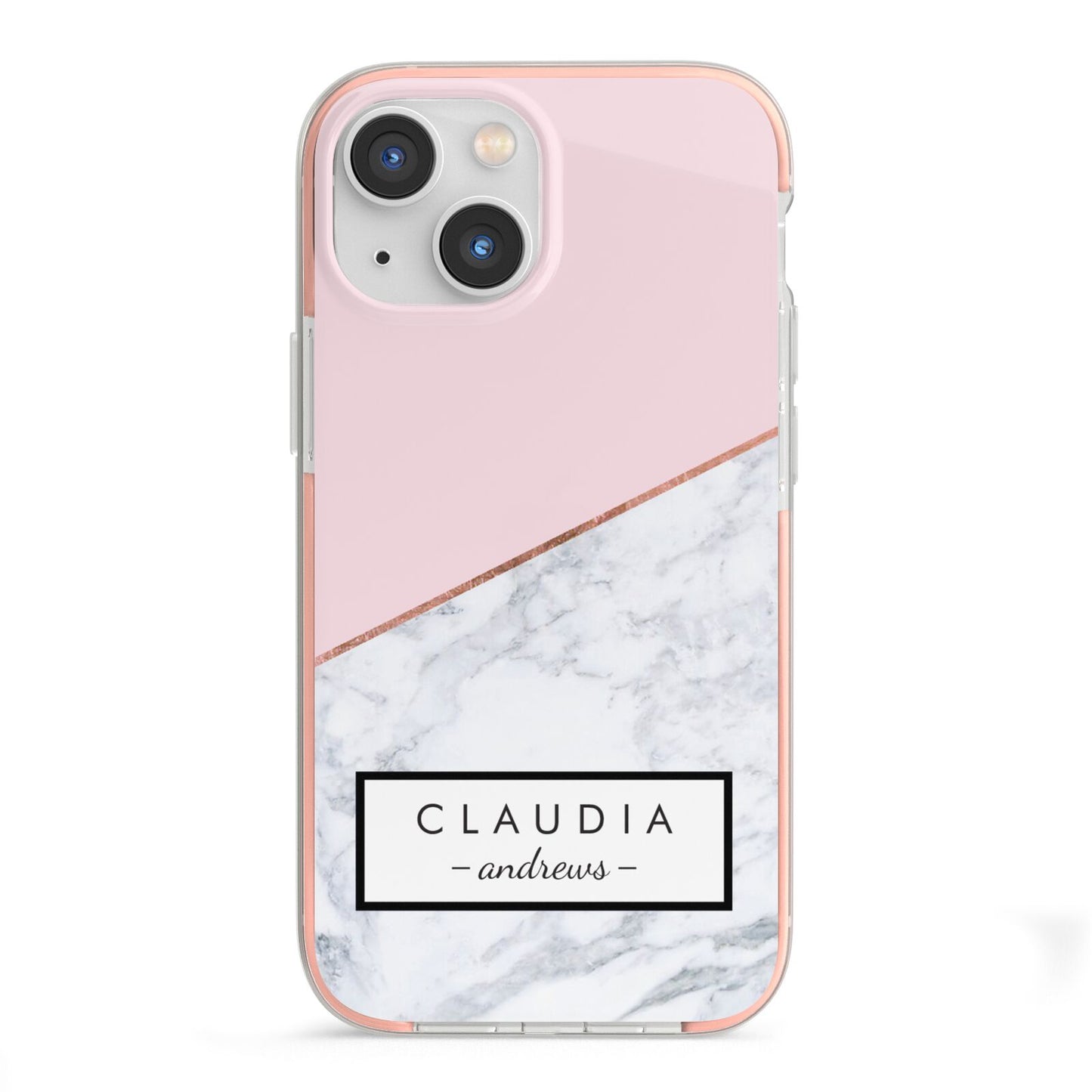 Personalised Pink With Marble Initials Name iPhone 13 Mini TPU Impact Case with Pink Edges
