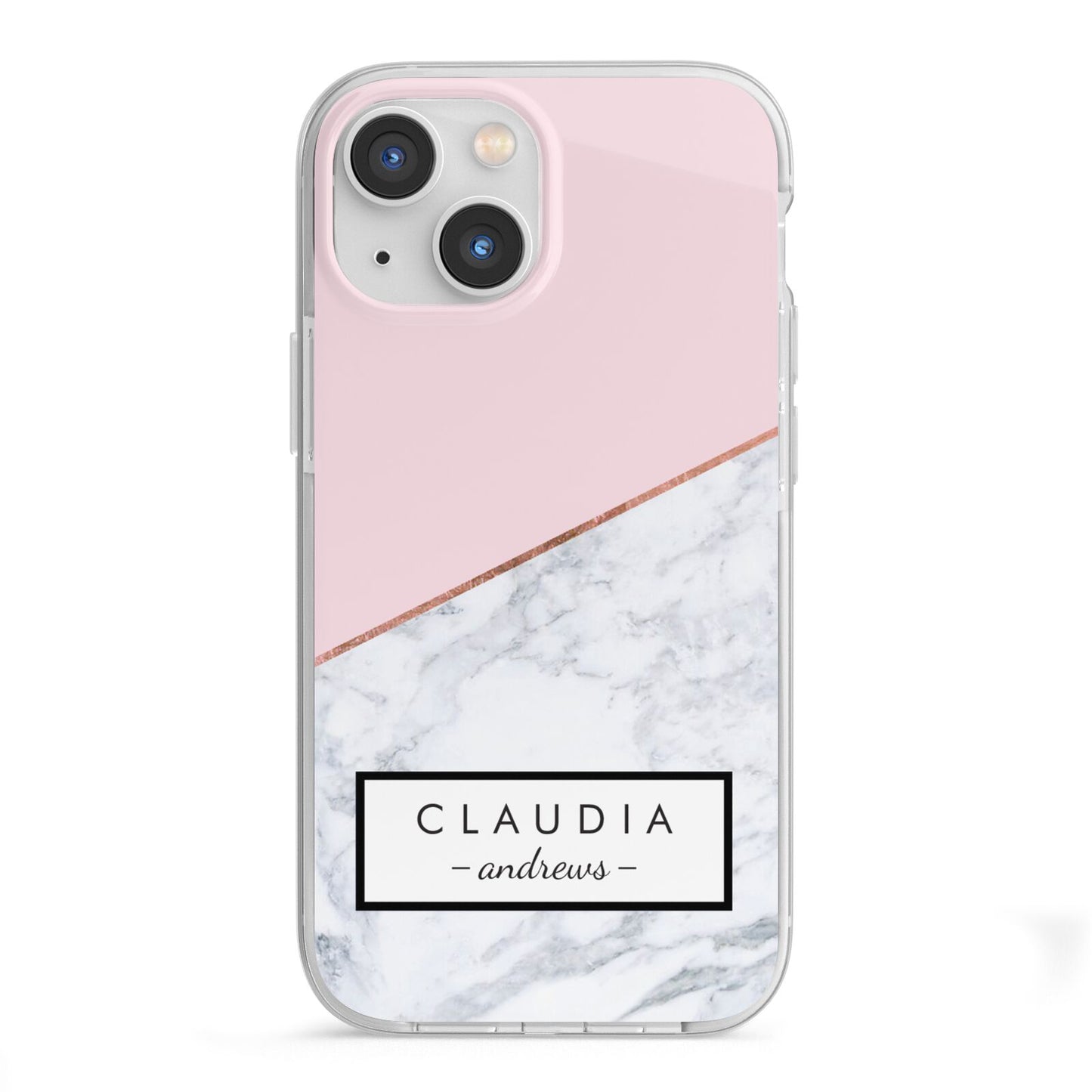 Personalised Pink With Marble Initials Name iPhone 13 Mini TPU Impact Case with White Edges