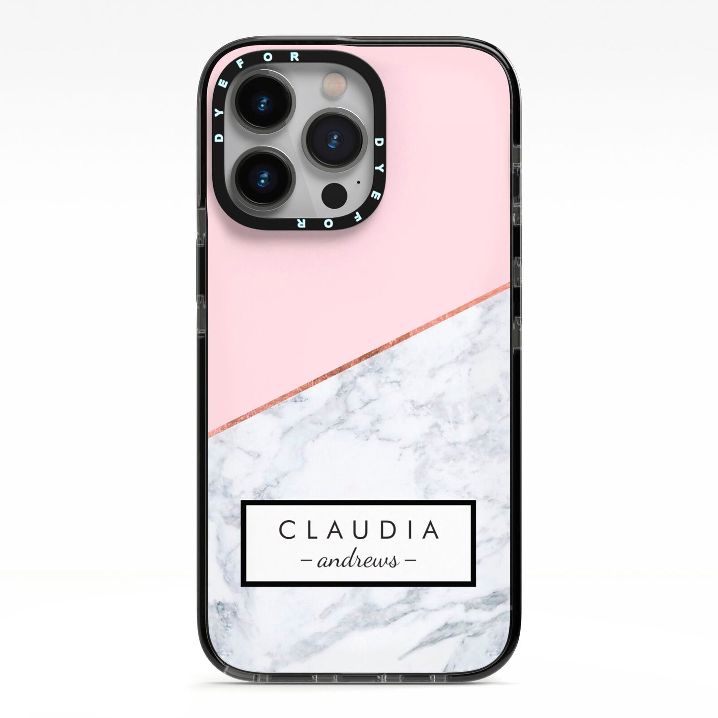 Personalised Pink With Marble Initials Name iPhone 13 Pro Black Impact Case on Silver phone