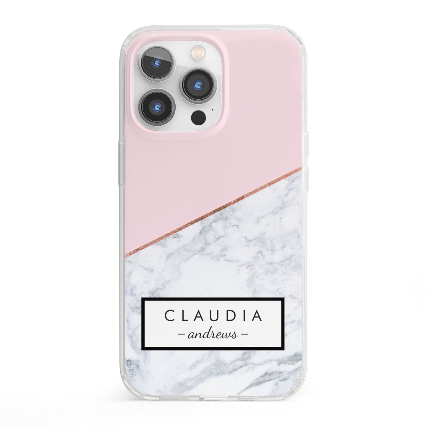 Personalised Pink With Marble Initials Name iPhone 13 Pro Clear Bumper Case