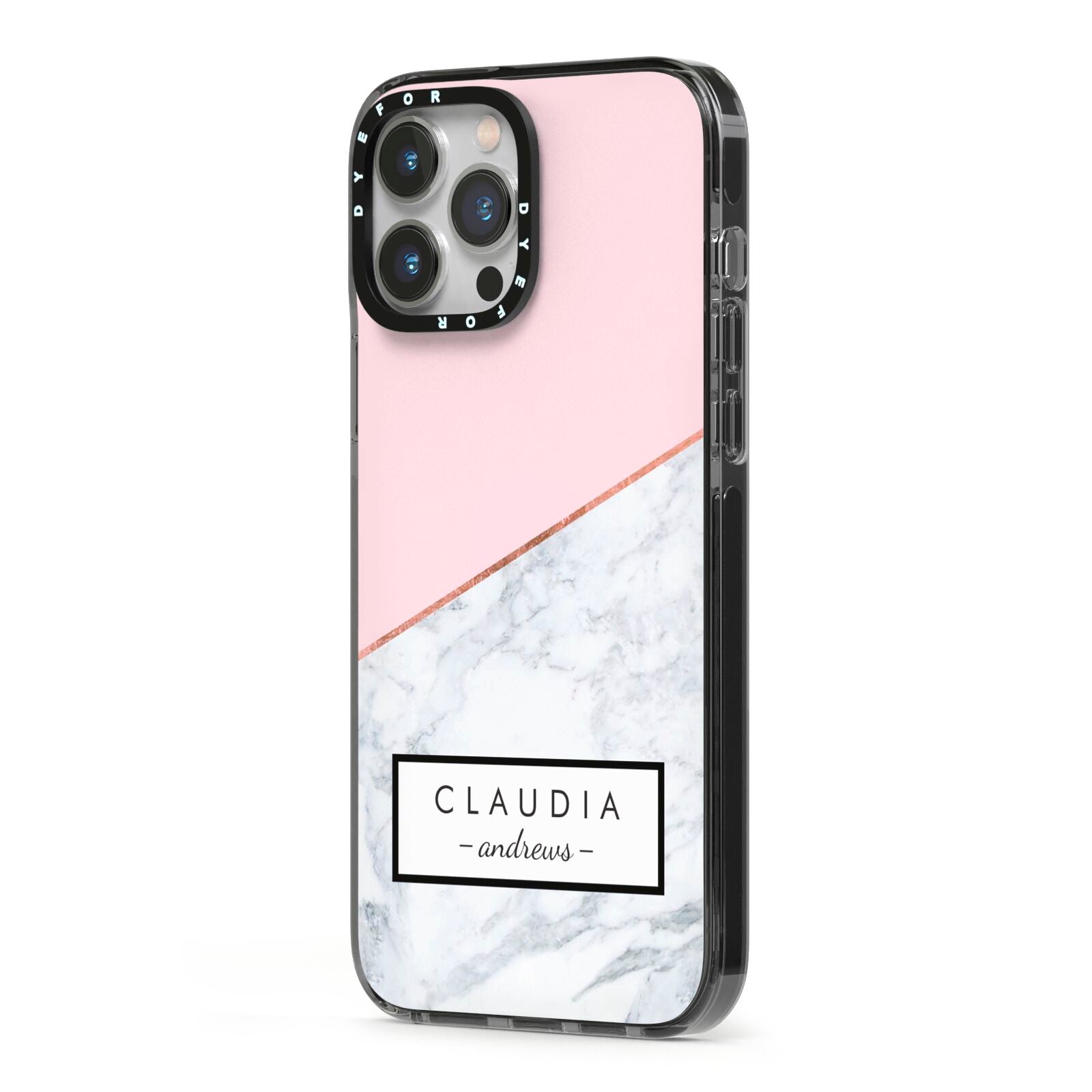 Personalised Pink With Marble Initials Name iPhone 13 Pro Max Black Impact Case Side Angle on Silver phone