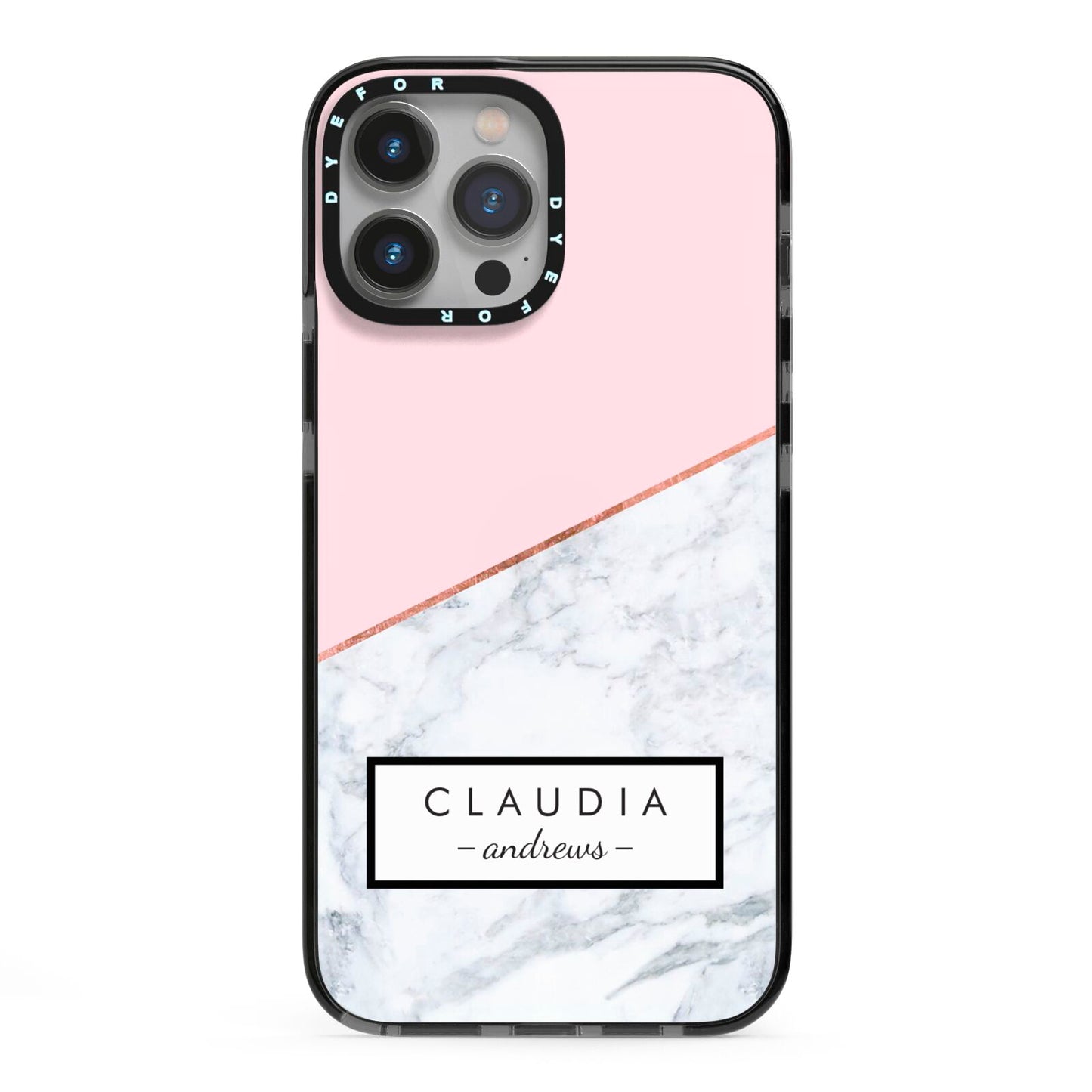 Personalised Pink With Marble Initials Name iPhone 13 Pro Max Black Impact Case on Silver phone