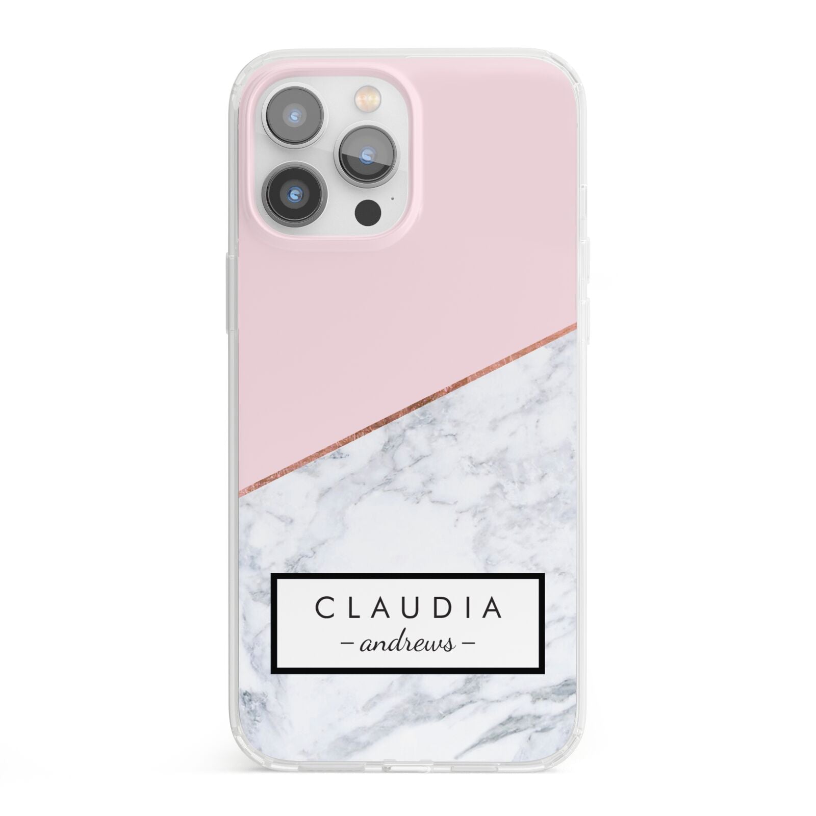 Personalised Pink With Marble Initials Name iPhone 13 Pro Max Clear Bumper Case