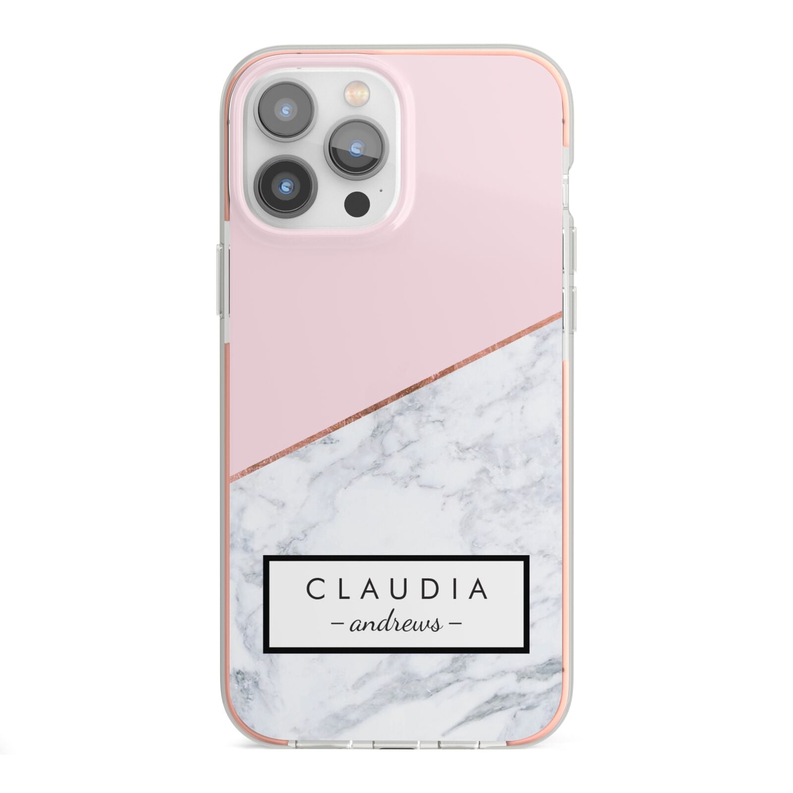 Personalised Pink With Marble Initials Name iPhone 13 Pro Max TPU Impact Case with Pink Edges