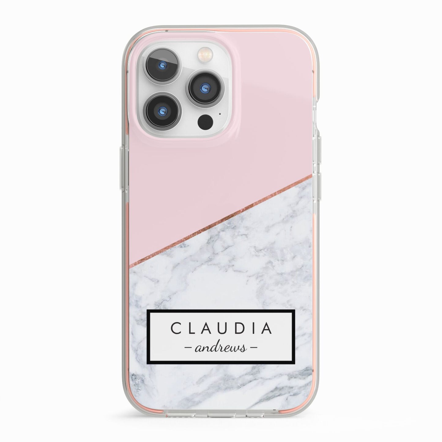 Personalised Pink With Marble Initials Name iPhone 13 Pro TPU Impact Case with Pink Edges