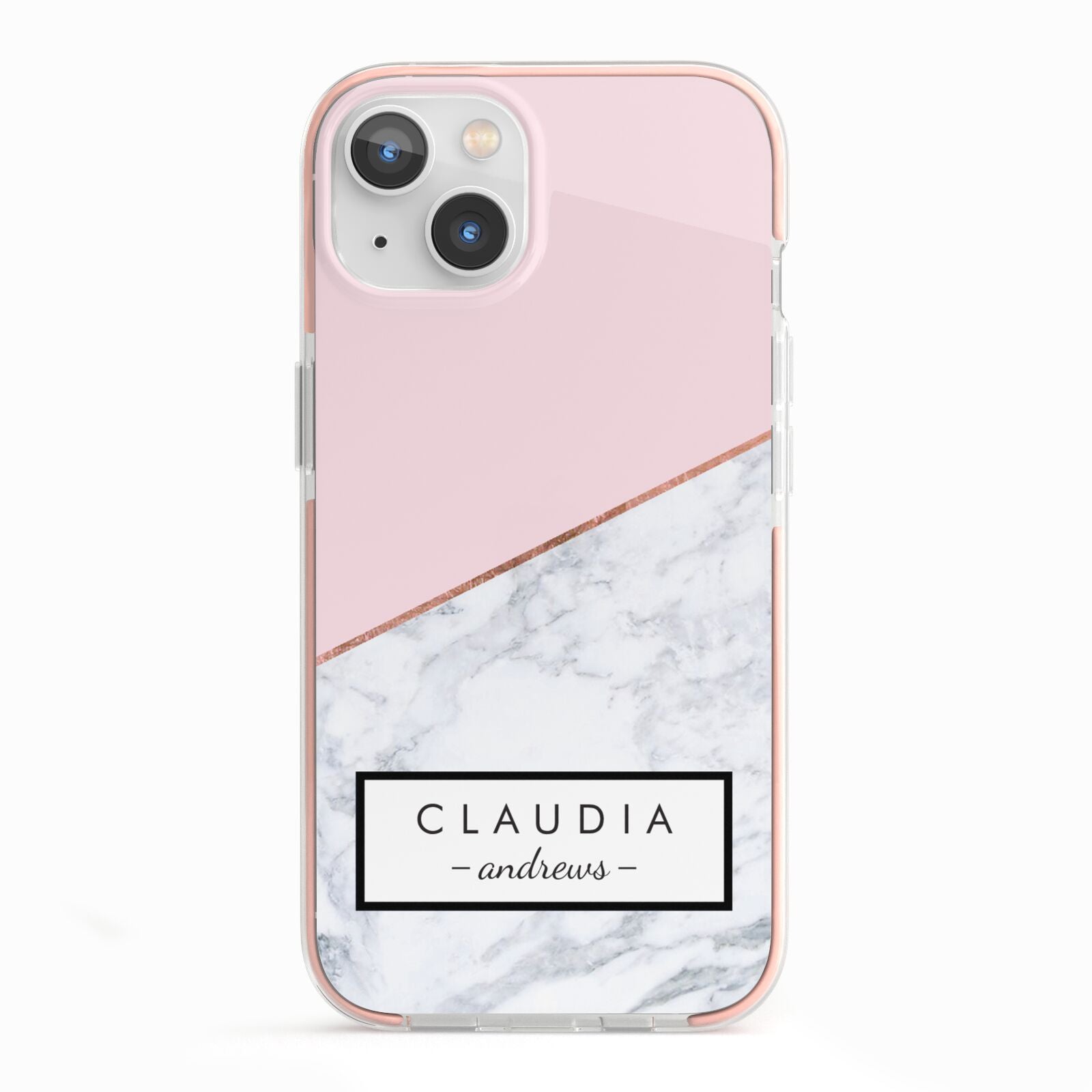 Personalised Pink With Marble Initials Name iPhone 13 TPU Impact Case with Pink Edges
