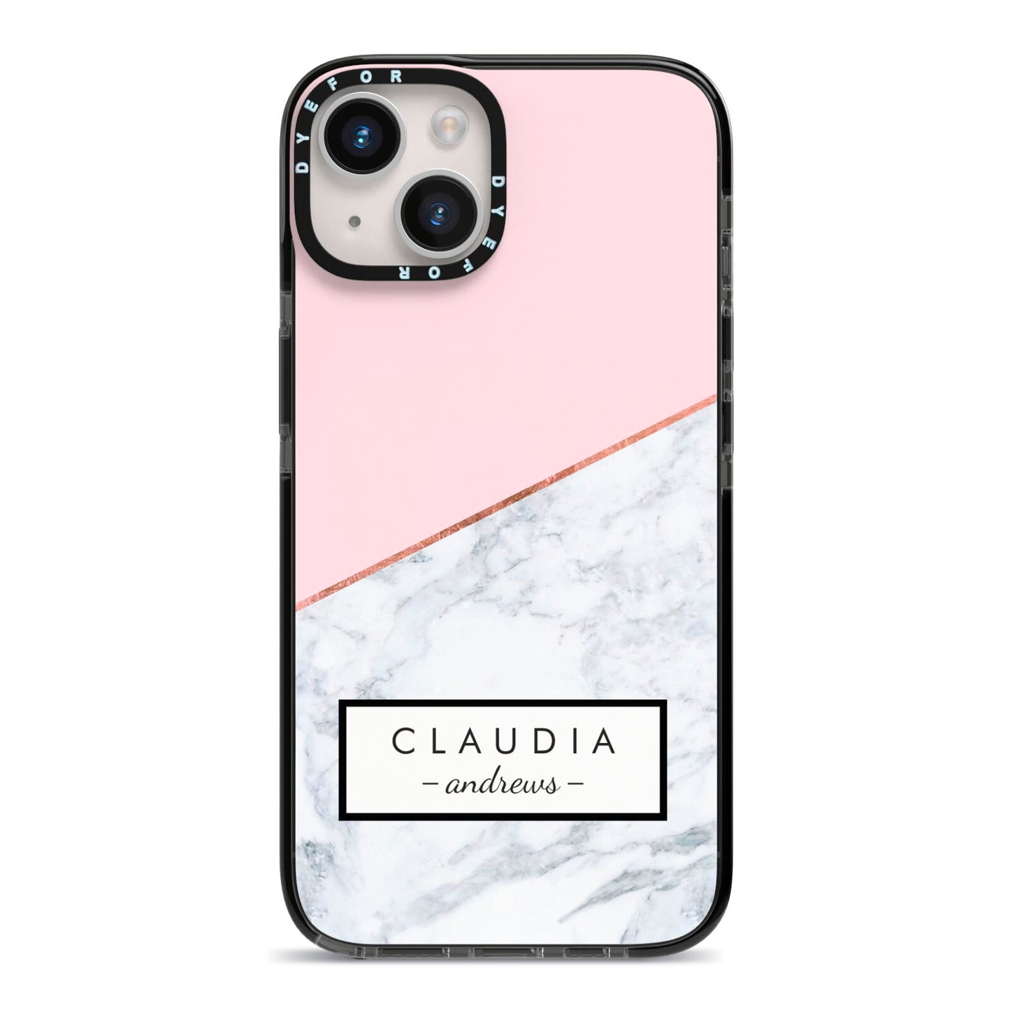 Personalised Pink With Marble Initials Name iPhone 14 Black Impact Case on Silver phone