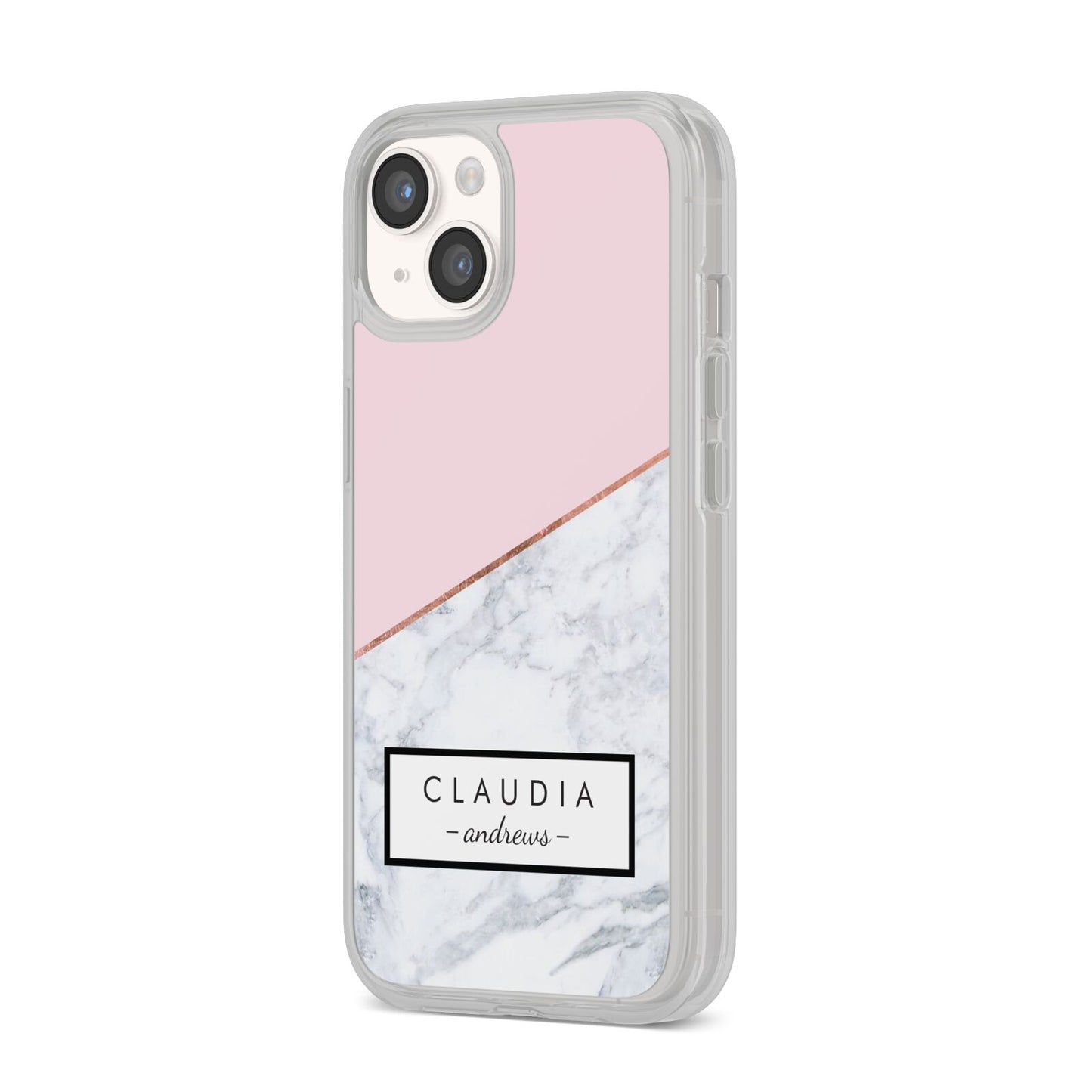 Personalised Pink With Marble Initials Name iPhone 14 Clear Tough Case Starlight Angled Image