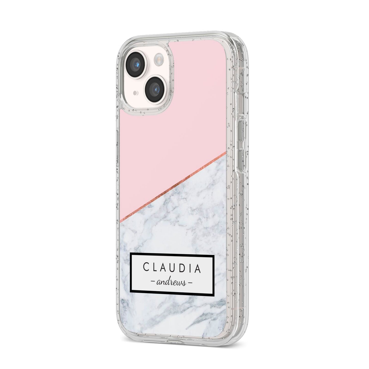Personalised Pink With Marble Initials Name iPhone 14 Glitter Tough Case Starlight Angled Image