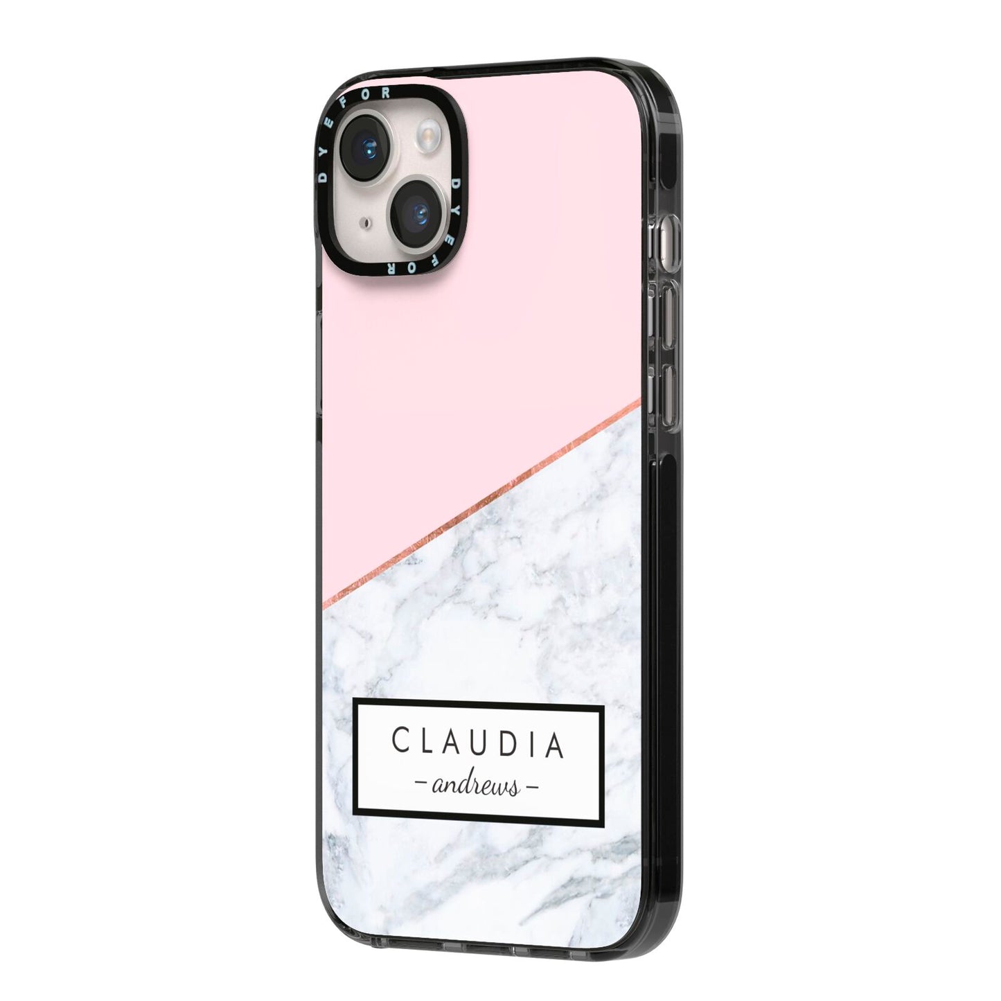 Personalised Pink With Marble Initials Name iPhone 14 Plus Black Impact Case Side Angle on Silver phone