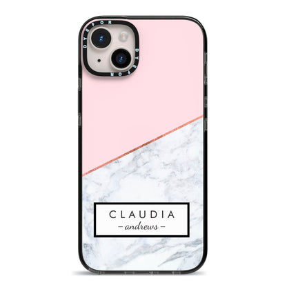 Personalised Pink With Marble Initials Name iPhone 14 Plus Black Impact Case on Silver phone