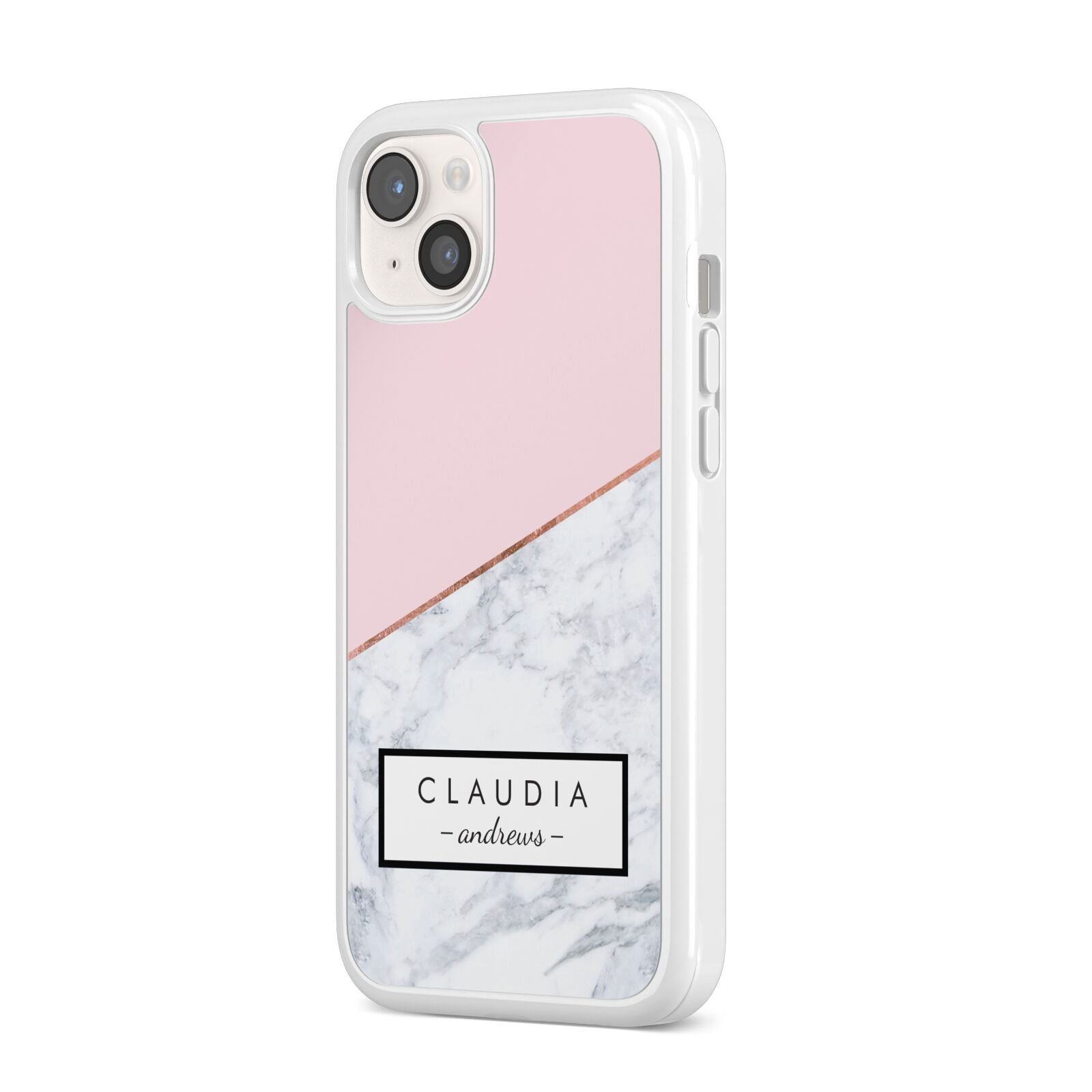 Personalised Pink With Marble Initials Name iPhone 14 Plus Clear Tough Case Starlight Angled Image