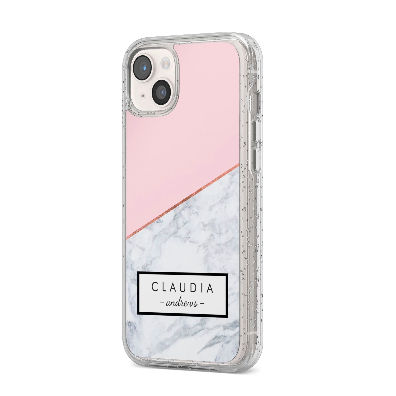 Personalised Pink With Marble Initials Name iPhone 14 Plus Glitter Tough Case Starlight Angled Image