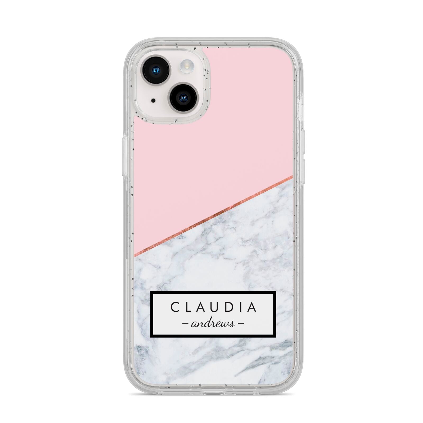 Personalised Pink With Marble Initials Name iPhone 14 Plus Glitter Tough Case Starlight