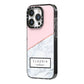 Personalised Pink With Marble Initials Name iPhone 14 Pro Black Impact Case Side Angle on Silver phone