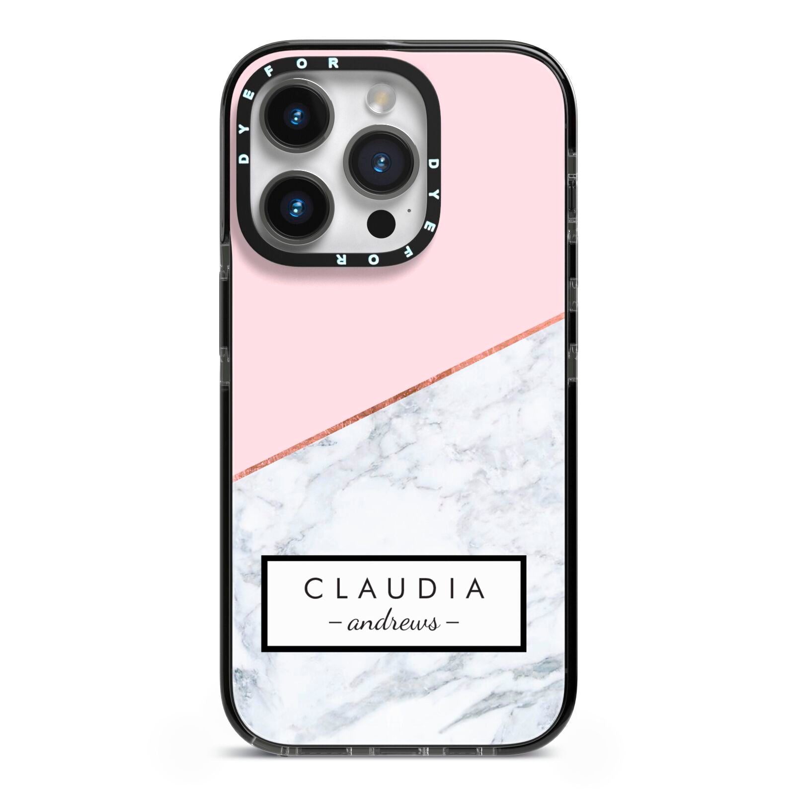 Personalised Pink With Marble Initials Name iPhone 14 Pro Black Impact Case on Silver phone
