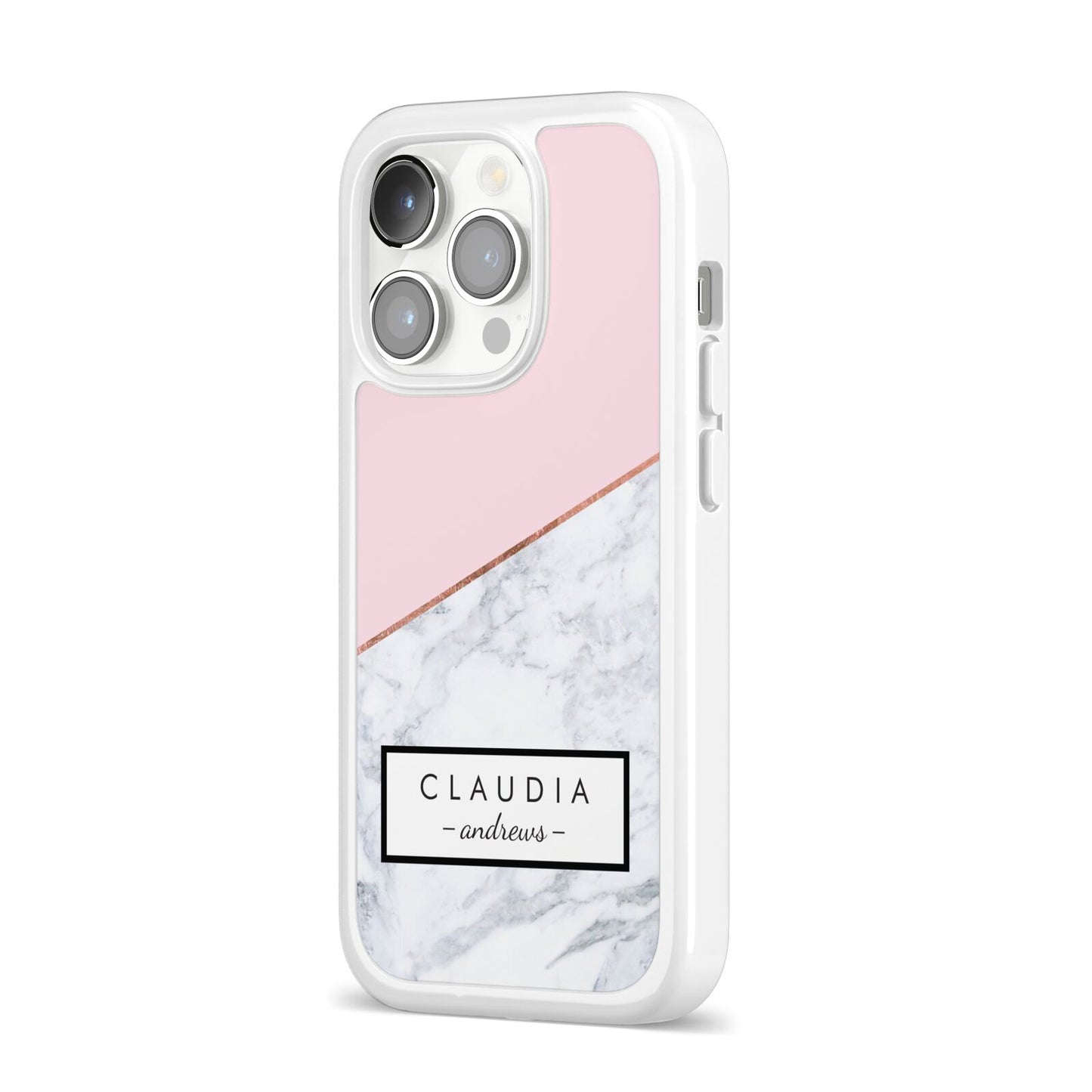 Personalised Pink With Marble Initials Name iPhone 14 Pro Clear Tough Case Silver Angled Image