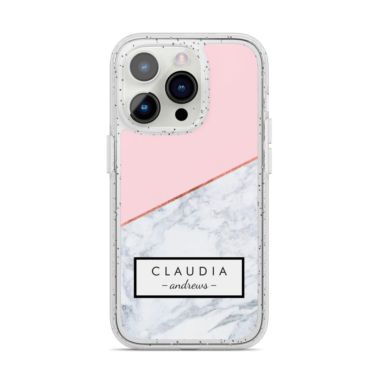 Personalised Pink With Marble Initials Name iPhone 14 Pro Glitter Tough Case Silver