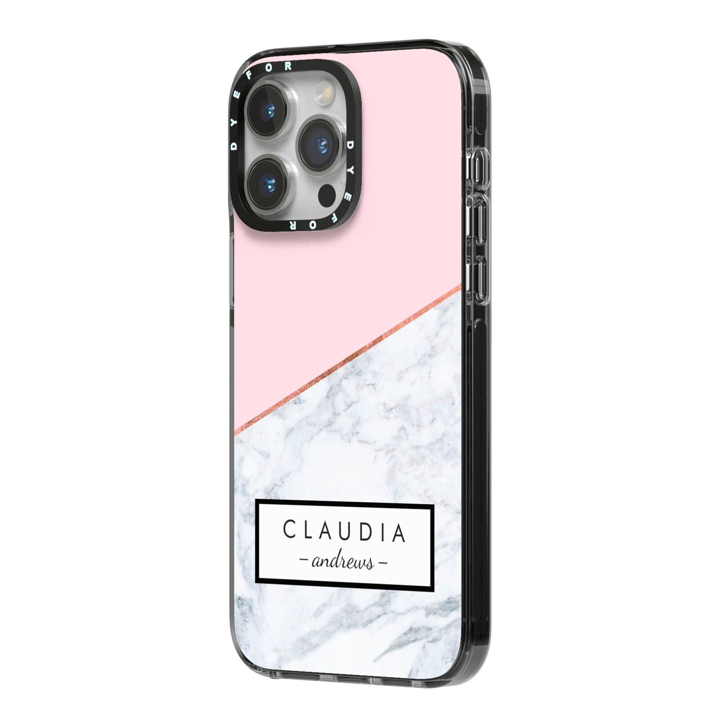 Personalised Pink With Marble Initials Name iPhone 14 Pro Max Black Impact Case Side Angle on Silver phone