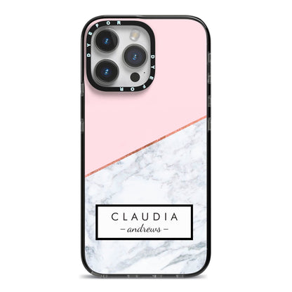 Personalised Pink With Marble Initials Name iPhone 14 Pro Max Black Impact Case on Silver phone